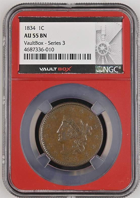 1834 Classic Head Large Cent NGC AU55BN Vaultbox Series 3 Front