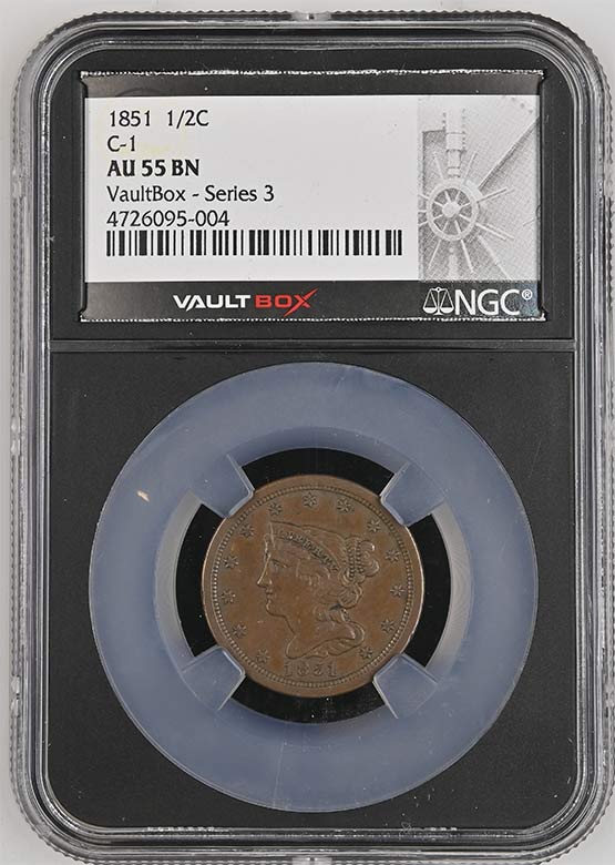 1851 Braided Hair Half Cent NGC AU55BN Vaultbox Series 3 Front