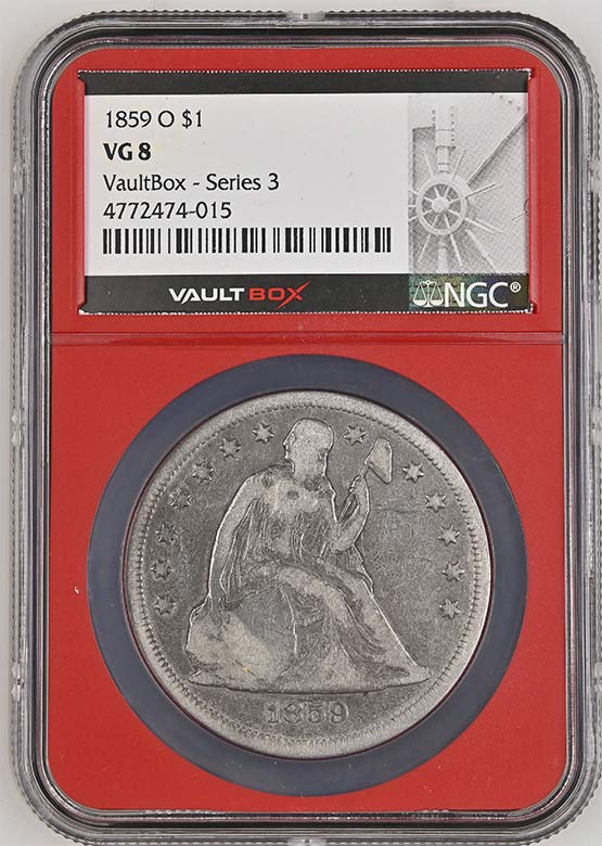1859-O $1 Seated Liberty Silver Dollar NGC VG8 Vaultbox Series 3 Front