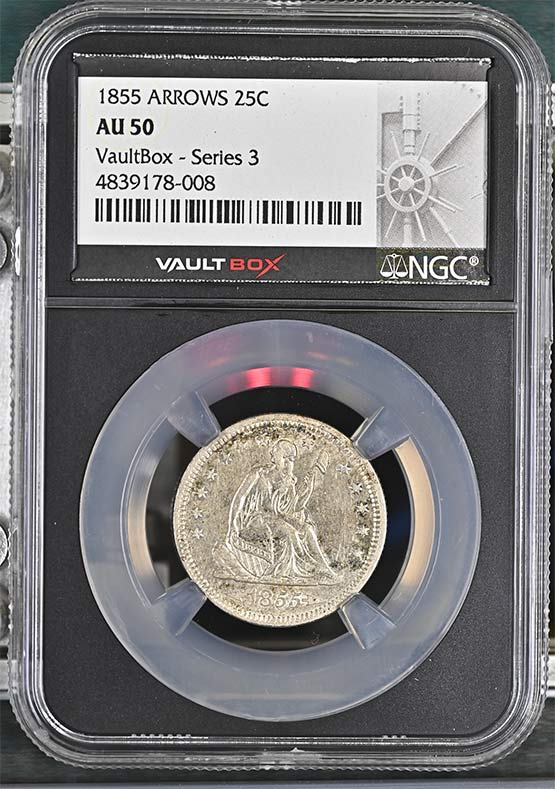 1855 Arrows Seated Liberty Quarter NGC AU50 Vaultbox Series 3 Front
