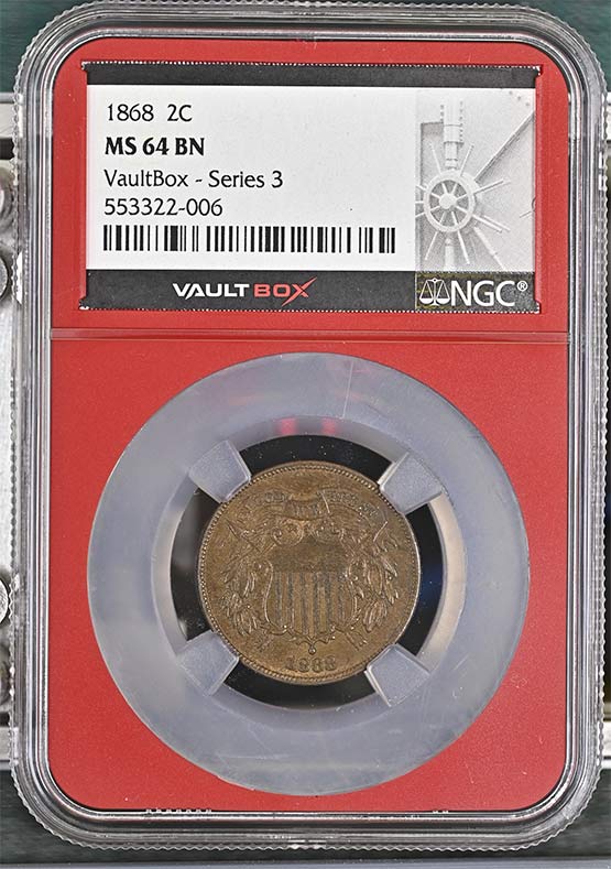1868 Shield Two-Cent Piece NGC MS64BN Vaultbox Series 3 Front