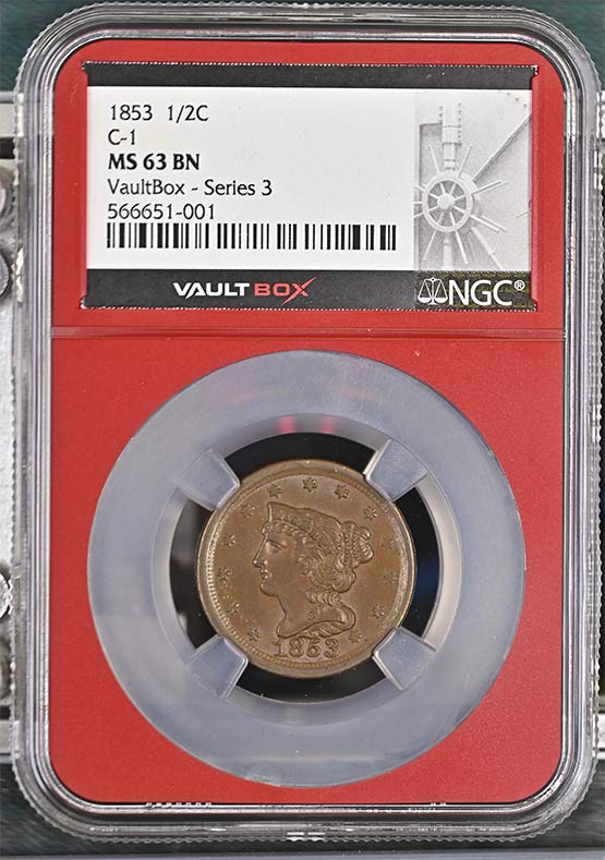1853 Braided Hair Half Cent NGC MS63BN Vaultbox Series 3 Front