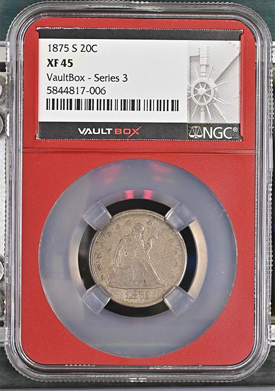 1875-S Seated Liberty Twenty-Cent Piece NGC XF45 Vaultbox Series 3 Front