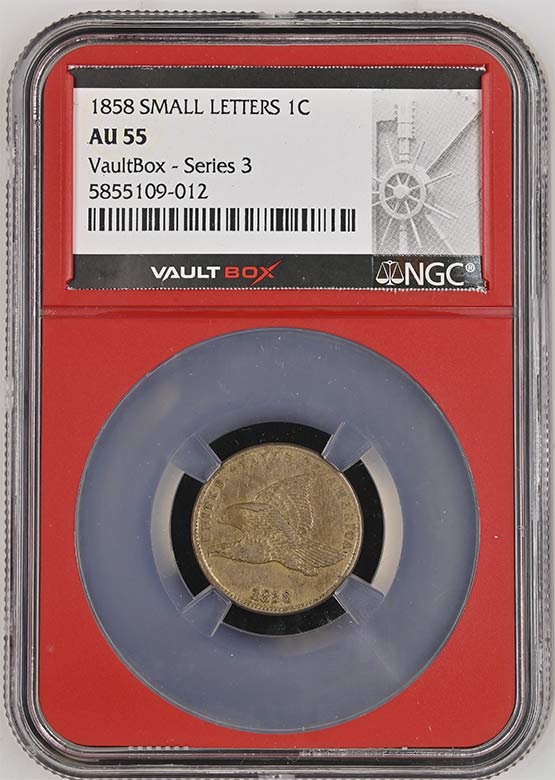 1858 Small Letters Flying Eagle Cent NGC AU55 Vaultbox Series 3 Front