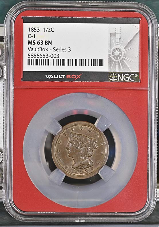 1853 Braided Hair Half Cent NGC MS63BN Vaultbox Series 3 Front