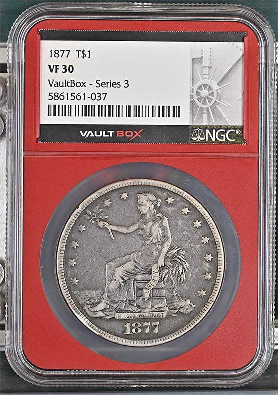 1877 $1 Trade Silver Dollar NGC VF30 Vaultbox Series 3 Front