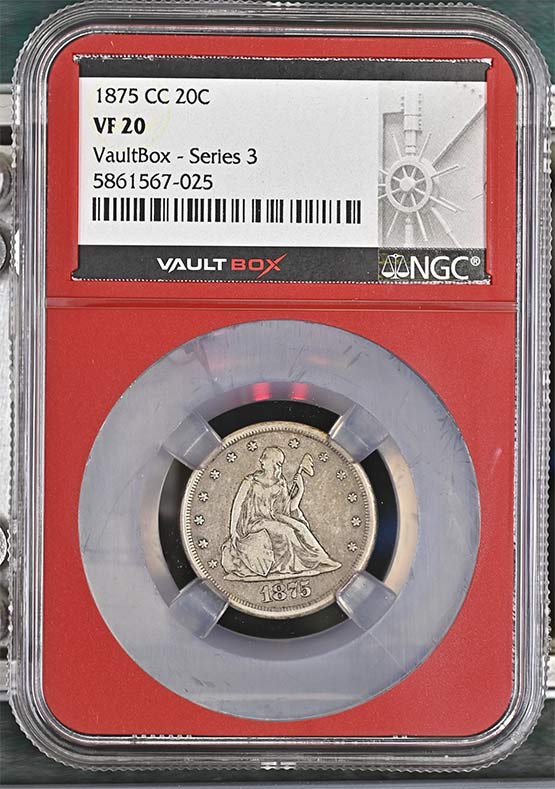 1875-CC Seated Liberty Twenty-Cent Piece NGC VF20 Vaultbox Series 3 Front