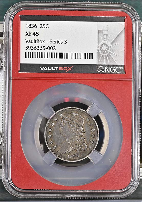 1836 Capped Bust Quarter NGC XF45 Vaultbox Series 3 Front