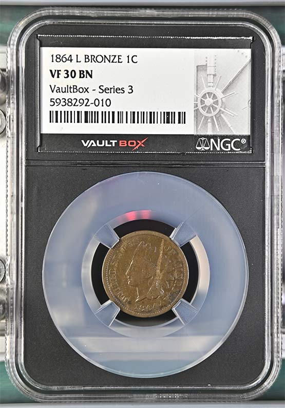 1864 L Bronze Indian Head Cent NGC VF30BN Vaultbox Series 3 Front