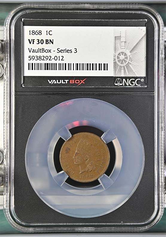 1868 Indian Head Cent NGC VF30BN Vaultbox Series 3 Front