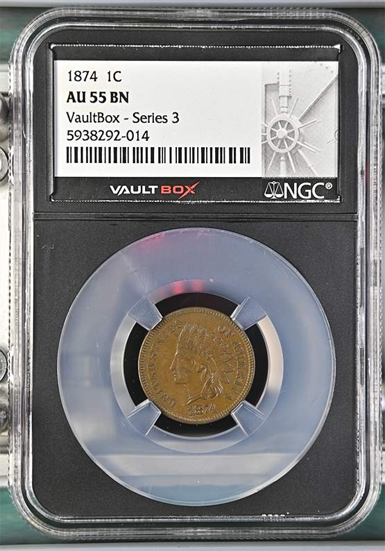 1874 Indian Head Cent NGC AU55BN Vaultbox Series 3 Front
