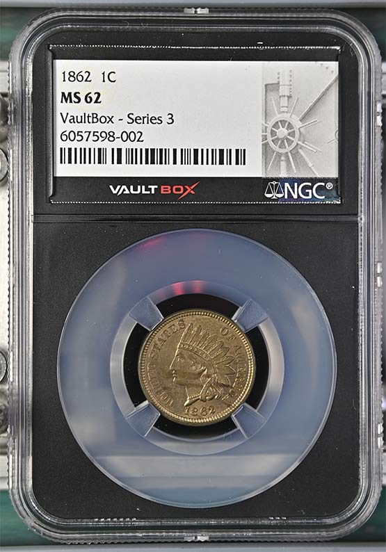 1862 Copper Nickel Indian Head Cent NGC MS62 Vaultbox Series 3 Front