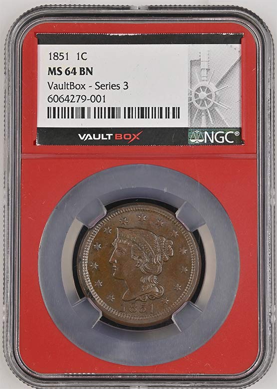 1851 Braided Hair Large Cent NGC MS64BN Vaultbox Series 3 Front