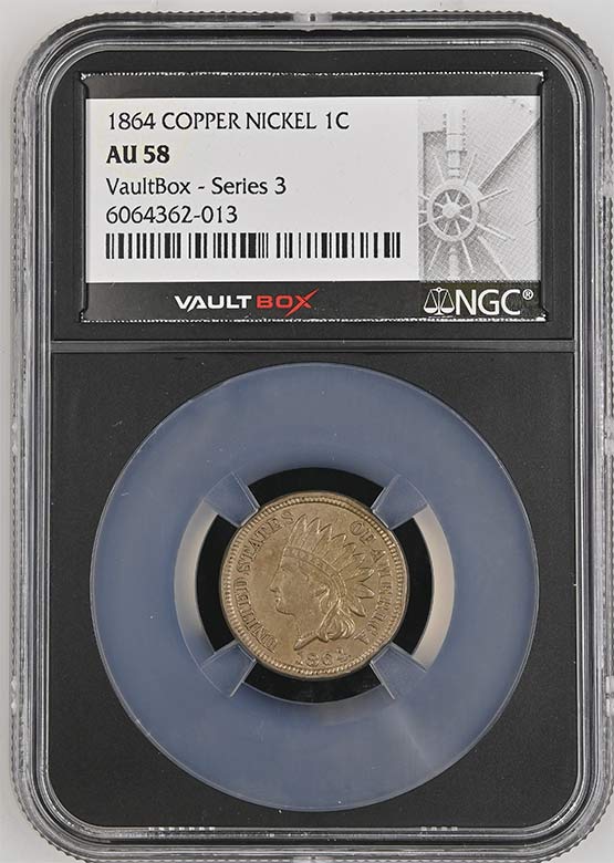 1864 Copper Nickel Indian Head Cent NGC AU58 Vaultbox Series 3 Front
