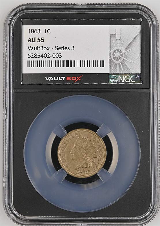 1863 Copper Nickel Indian Head Cent NGC AU55 Vaultbox Series 3 Front