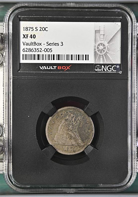 1875-S Seated Liberty Twenty-Cent Piece NGC XF40 Vaultbox Series 3 Front