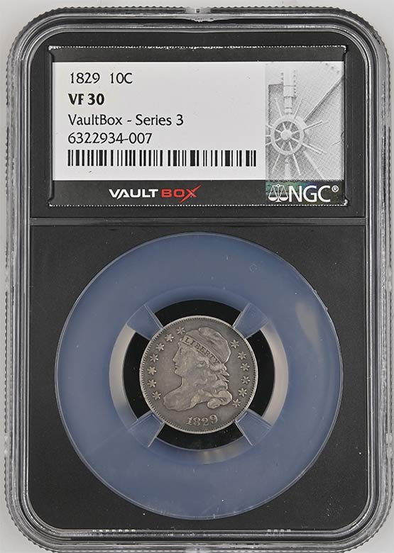 1829 Capped Bust Dime NGC VF30 Vaultbox Series 3 Front