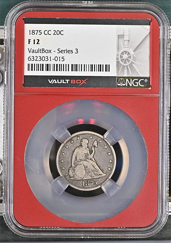 1875-CC Seated Liberty Twenty-Cent Piece NGC F12 Vaultbox Series 3 Front