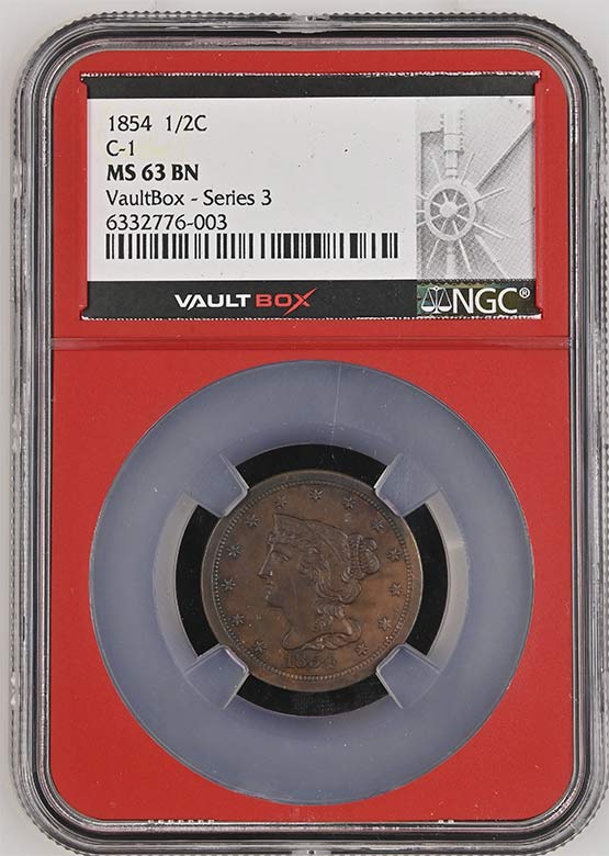1854 C-1 Braided Hair Half Cent NGC MS63BN Vaultbox Series 3 Front