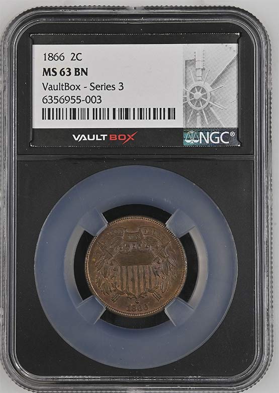 1866 Shield Two-Cent Piece NGC MS63BN Vaultbox Series 3 Front