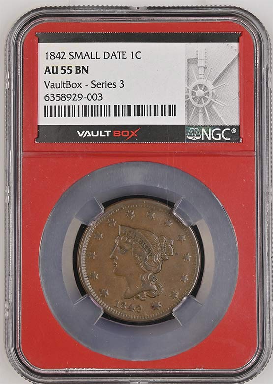 1842 Small Date Braided Hair Large Cent NGC AU55BN Vaultbox Series 3 Front