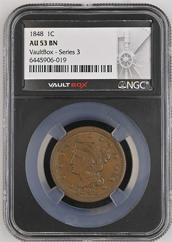 1848 Braided Hair Large Cent NGC AU53BN Vaultbox Series 3 Front