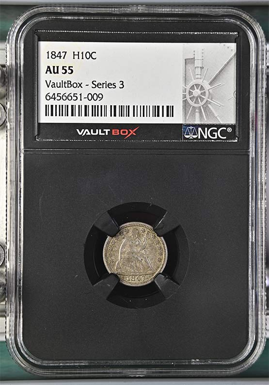 1847 Seated Liberty Half Dime NGC AU55 Vaultbox Series 3 Front