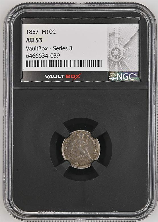 1857 Seated Liberty Half Dime NGC AU53 Vaultbox Series 3 Front