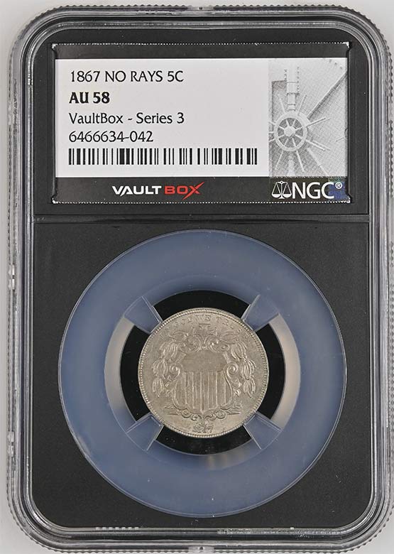 1867 No Rays Shield Nickel NGC AU58 Vaultbox Series 3 Front