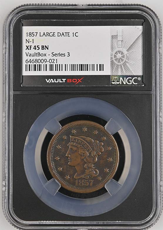 1857 Large Date Braided Hair Large Cent NGC XF45BN Vaultbox Series 3 Front