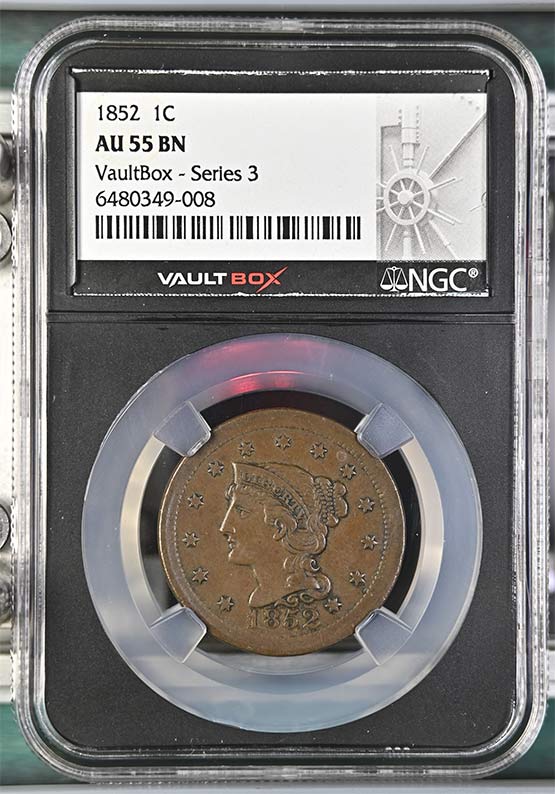 1852 Braided Hair Large Cent NGC AU55BN Vaultbox Series 3 Front