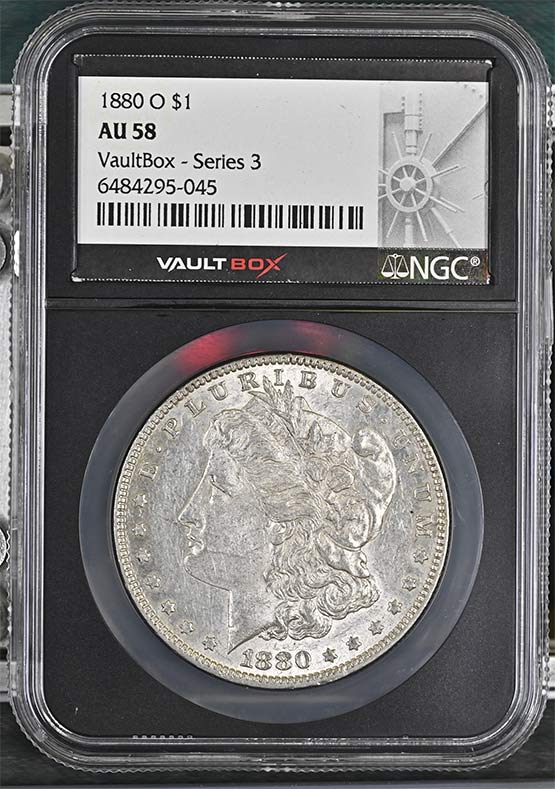 1880-O $1 Morgan Silver Dollar NGC AU58 Vaultbox Series 3 Front