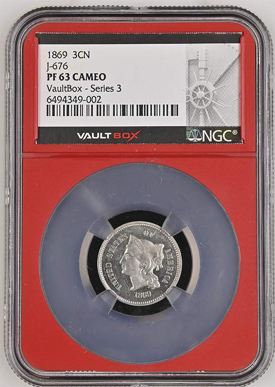 1869 Pattern J-676 Proof Three-Cent Nickel NGC PF63 Cameo Vaultbox Series 3 Front