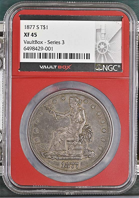 1877-S Seated Liberty Trade Dollar NGC XF45 Vaultbox Series 3 Front