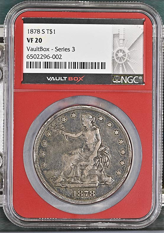 1878-S Seated Liberty Trade Dollar NGC VF20 Vaultbox Series 3 Front