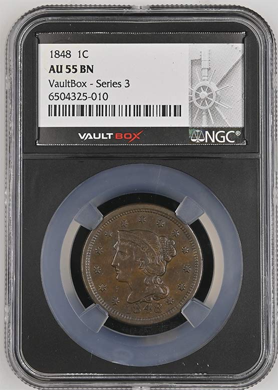1848 Braided Hair Large Cent NGC AU55BN Vaultbox Series 3 Front