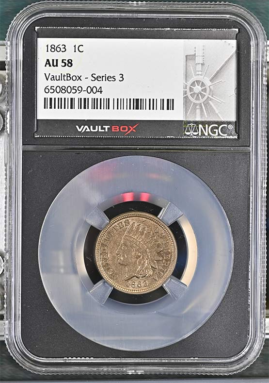 1863 Copper Nickel Indian Head Cent NGC AU58 Vaultbox Series 3 Front