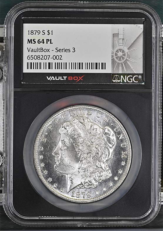 1879-S $1 Morgan Silver Dollar NGC MS64PL Vaultbox Series 3 Front