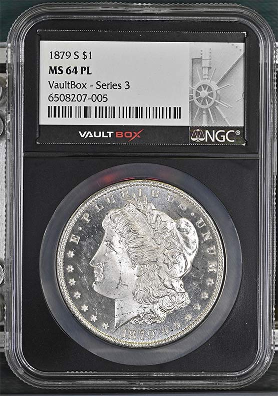 1879-S $1 Morgan Silver Dollar NGC MS64PL Vaultbox Series 3 Front