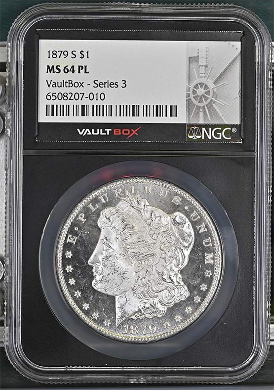 1879-S $1 Morgan Silver Dollar NGC MS64PL Vaultbox Series 3 Front