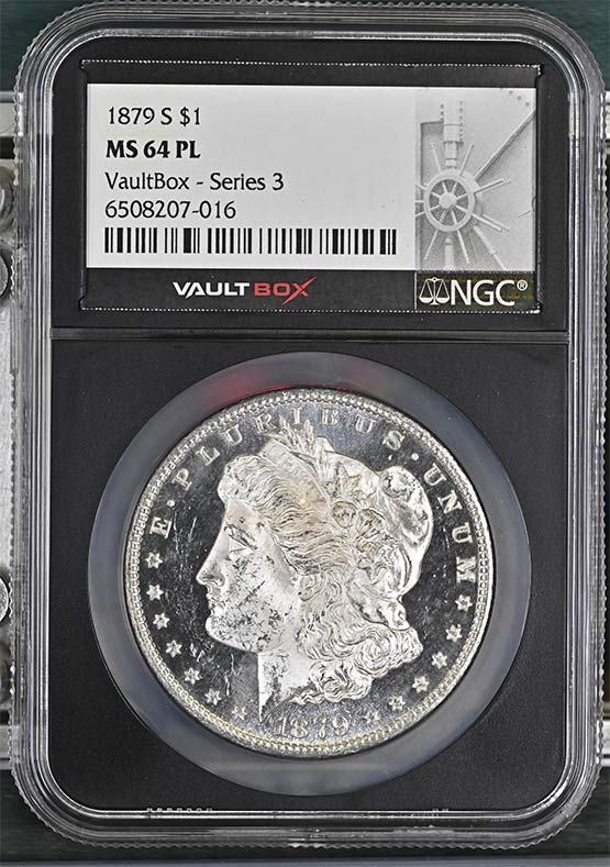 1879-S $1 Morgan Silver Dollar NGC MS64PL Vaultbox Series 3 Front