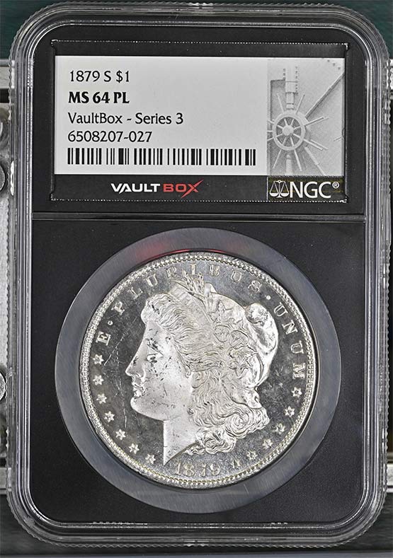 1879-S $1 Morgan Silver Dollar NGC MS64PL Vaultbox Series 3 Front
