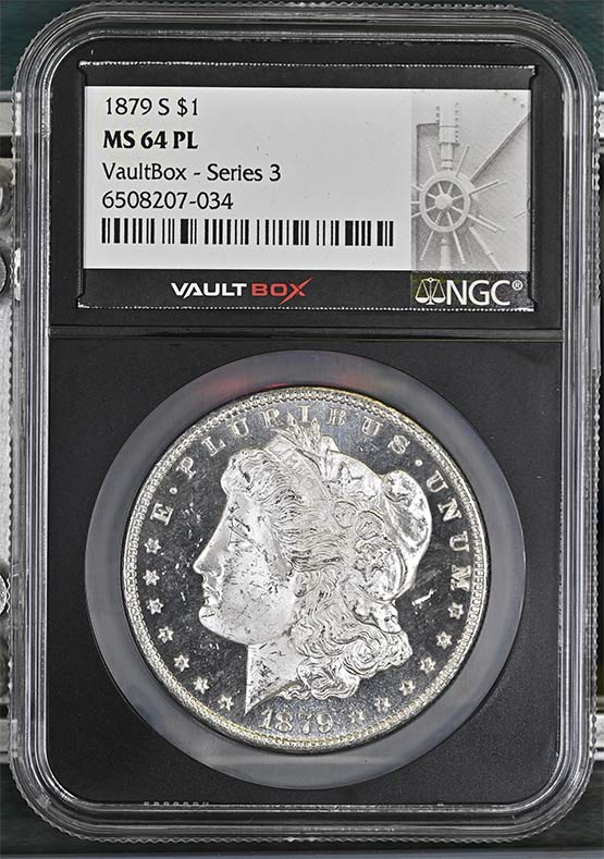 1879-S $1 Morgan Silver Dollar NGC MS64PL Vaultbox Series 3 Front