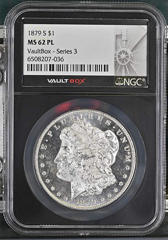 1879-S $1 Morgan Silver Dollar NGC MS62PL Vaultbox Series 3 Front