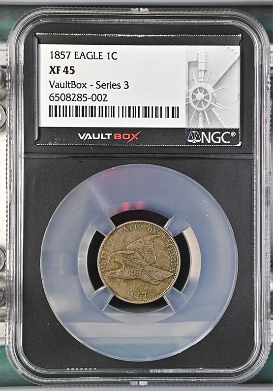 1857 Flying Eagle Cent NGC XF45 Vaultbox Series 3 Front