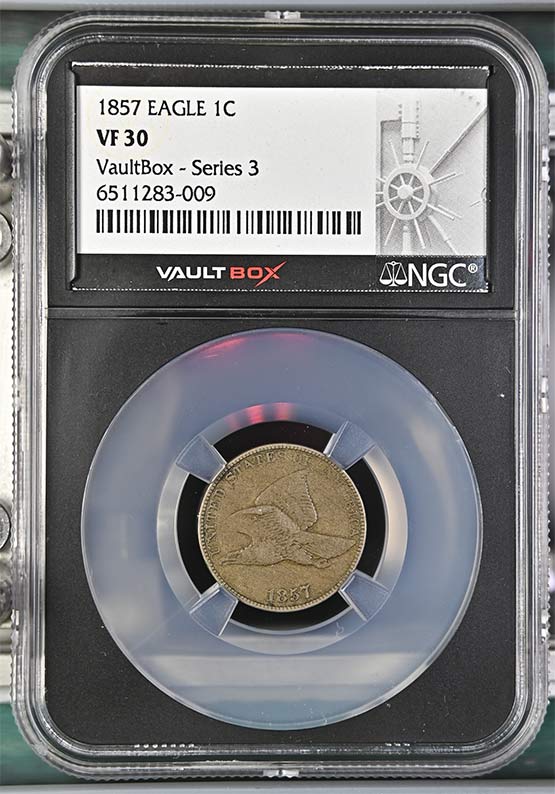 1857 Flying Eagle Cent NGC VF30 Vaultbox Series 3 Front