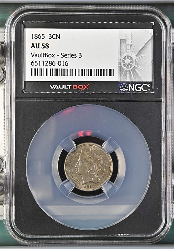 1865 Three-Cent Nickel NGC AU58 Vaultbox Series 3 Front