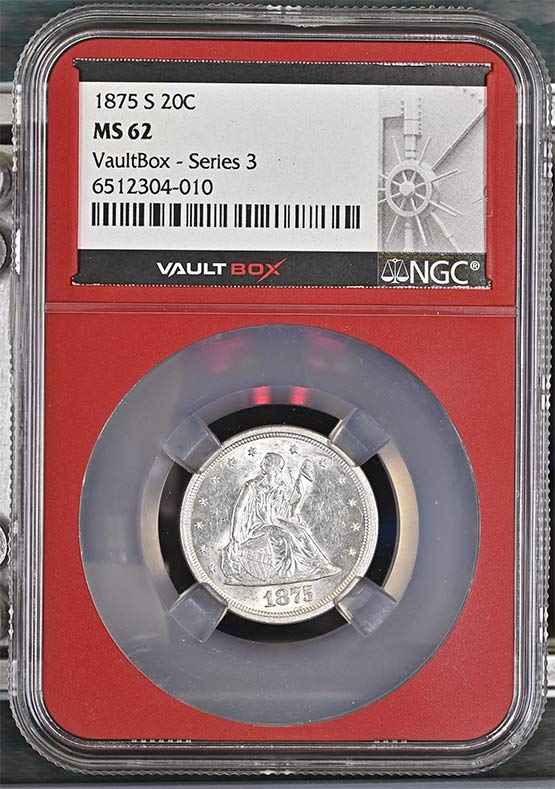 1875-S Seated Liberty Twenty-Cent Piece NGC MS62 Vaultbox Series 3 Front
