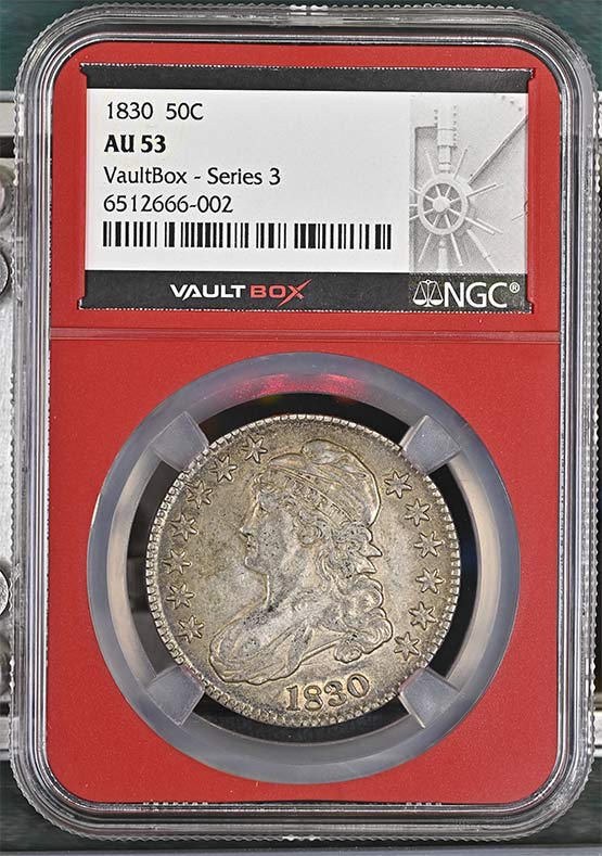 1830 Capped Bust Lettered Edge Half Dollar NGC AU53 Vaultbox Series 3 Front