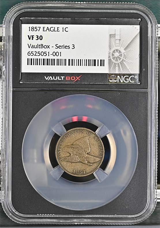1857 Flying Eagle Cent NGC VF30 Vaultbox Series 3 Front